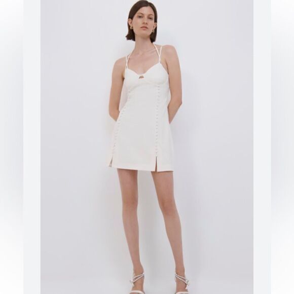 NWT SIMKHAI Eilish button-embellished crepe halterneck mini dress Ivory Size 12 - Picture 8 of 15